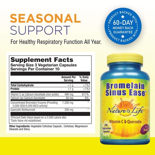 Nature's Life Bromelain Sinus Ease 1200mg with Vitamin C & Quercetin Sinus Health, Immune Function & Seasonal Support 100 Vegetarian Capsules