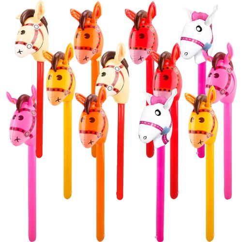 Haconba 12 Pcs 40 Inch Inflatable Horsehead Stick Multicolor Blow Up Pony Stick Balloon for Kids Birthday Horse Themed Party Supplies (Color Set 1)