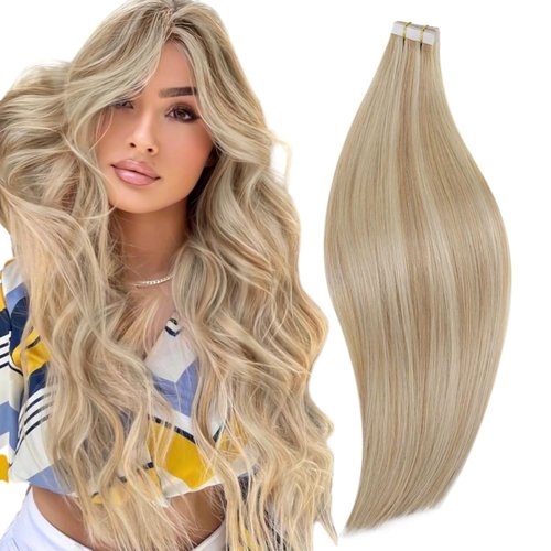 RUNATURE Tape in Hair Extensions Human Hair Ash Blonde Highlight Platinum Blonde Hair Tape in Extensions Full Ends Thick Glue in Hair Extensions Tape in Real Human Hair Double Sided 14 Inch 50g 20pcs