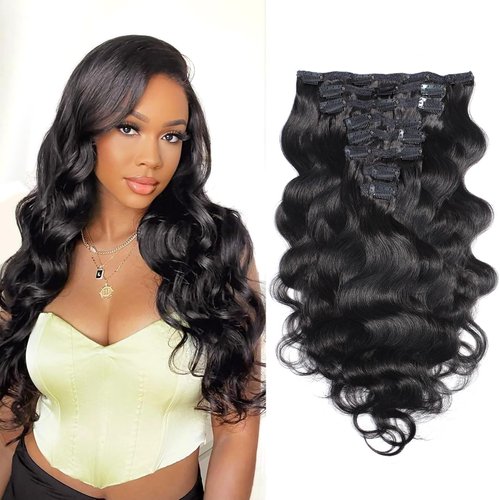 ALISFEEL Body Wave Clip In Human Hair Extensions 18 Inches 8Pcs Set Remy Brazilian Body Wave Human Hair Clip In Hair Extension 100g 1B Natural Black Color Clip Ins Extension For Women (18 Inch)