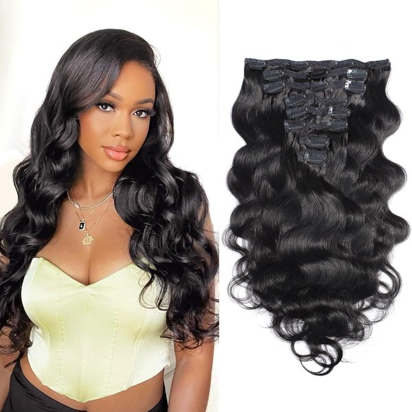 ALISFEEL Body Wave Clip In Human Hair Extensions 18 Inches 8Pcs Set Remy Brazilian Body Wave Human Hair Clip In Hair Extension 100g 1B Natural Black Color Clip Ins Extension For Women (18 Inch)