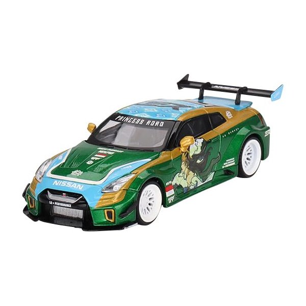 35GT-RR Ver.2 LB-Silhouette Works GT RHD (Right Hand Drive) Princess Roro Green Metallic with Graphics Limited Edition 1/64 Diecast Model Car by True Scale Miniatures MGT00650