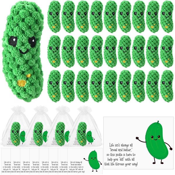 RoundFunny 12 Set Cut Pickle Crochet Gifts with Support Cards Organza Bags Cute Inspirational Pickles Christmas Appreciation Gifts for Employee Coworker Team Friends Family