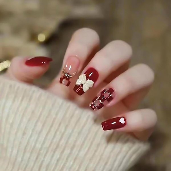 RikView Red Press on Nails Medium Fake Nails Coffin Nails with Hearts Design Glossy Full Cover Nails for Women 24 PCS