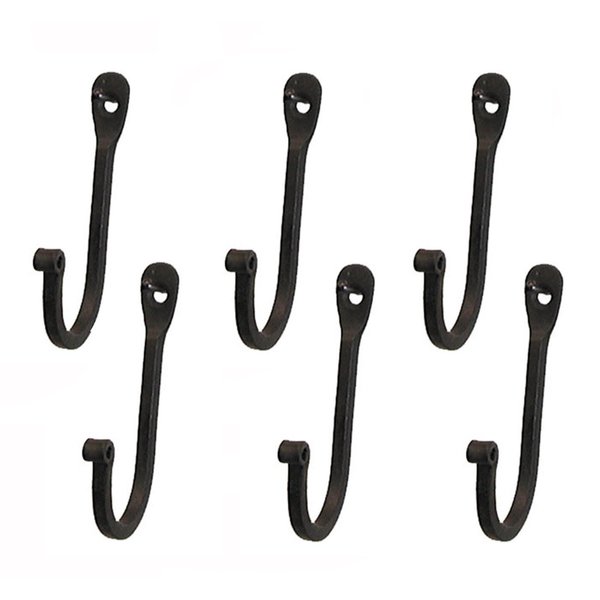 Early American Single Prong Wrought Iron Hooks, Set of 6 - Rustic Curved Metal Fasteners - Decorative Colonial Wall Décor