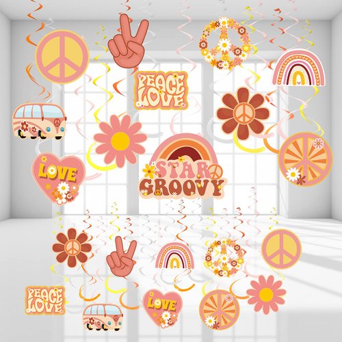 51 Pcs Two Groovy Party Hanging Swirl Decorations, Groovy Retro Hippie Boho Party Hanging Swirl Rainbow Daisy Flower Decorations for Girls Star Groovy Daisy Birthday Baby Shower Party Supplies