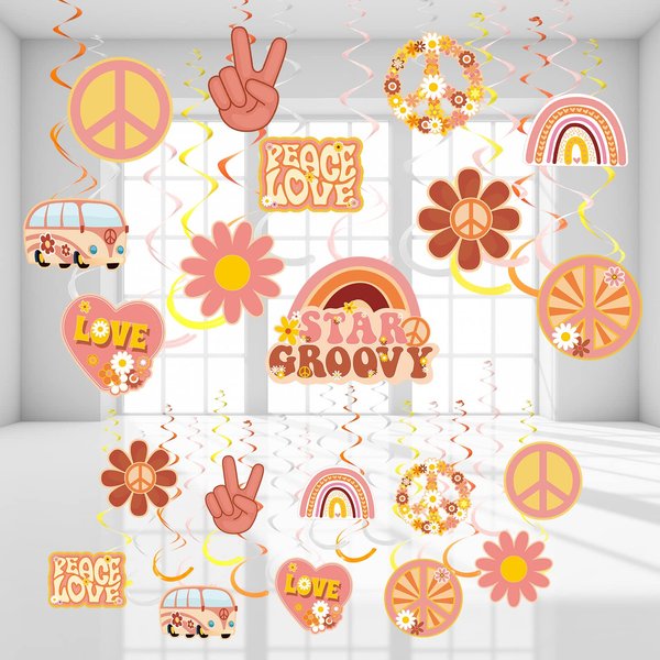 51 Pcs Two Groovy Party Hanging Swirl Decorations, Groovy Retro Hippie Boho Party Hanging Swirl Rainbow Daisy Flower Decorations for Girls Star Groovy Daisy Birthday Baby Shower Party Supplies