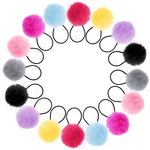 16PCS Pom Pom Hair Ties Elastic, 2 Inches Small Pompom Ball Hair Ties Fluffy for Toddler Girls, Ponytail Holders Pompom Hair Band Hair Accessories for Baby Infants Pigtail(8 Colors)