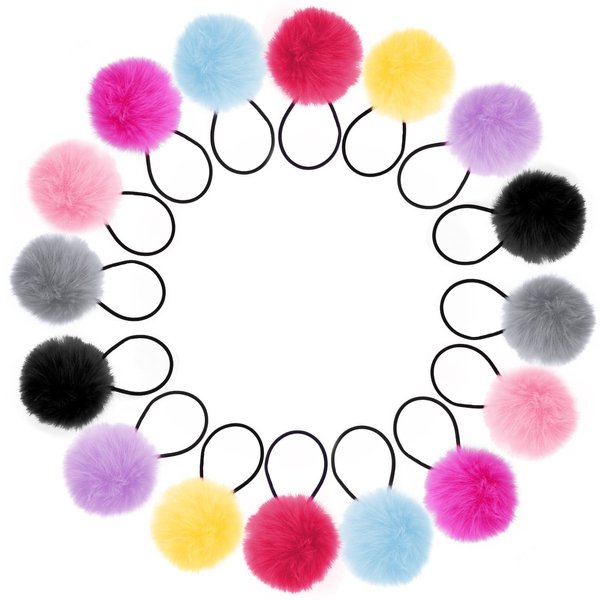 16PCS Pom Pom Hair Ties Elastic, 2 Inches Small Pompom Ball Hair Ties Fluffy for Toddler Girls, Ponytail Holders Pompom Hair Band Hair Accessories for Baby Infants Pigtail(8 Colors)
