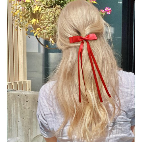 VOBOBE 2PCS Hair Bows for Women Girls, Tassel Ribbon Bowknot Hair Clips Barrettes for Girl with Small Long Tail Solid Satin Hair Accessories (Red-Glitter)