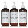 Amber Refillable Shampoo and Conditioner Bottles - Body Wash, Shampoo and Conditioner Dispenser - PET Plastic Shampoo Bottles Refillable with Pump - Waterproof Labels - 16 oz, 3 Pack (White Plastic)