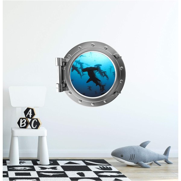 12" Porthole 3D Window Wall Sticker Shark #2 Silver Port Scape Decal Ocean Deep Blue Sea Fish Kids Room Decor Wall Art Removable Fabric Vinyl