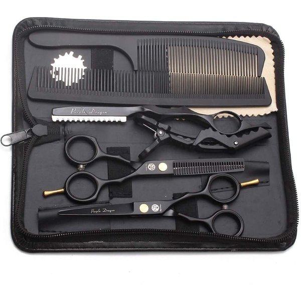 5.5 inch Purple Hair Cutting Scissors Set with Razor, Leather Scissors Case, Barber Hair Cutting Shears Hair Thinning/Texturizing Shears for Professional Hairdresser or Home Use (Black)