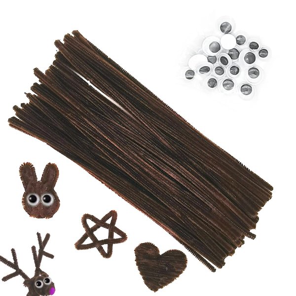 Cldamecy 100 pcs Brown Pipe Cleaners with 20 pcs Googly Eyes,Chenille Stems for Craft Project,Craft Pipe Cleaners for DIY Projects,Arts and Holiday Decoration