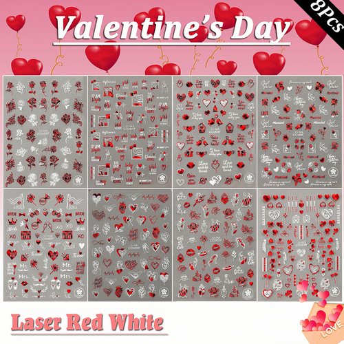 Valentines Day Nail Art Stickers Decals, Love Heart Nail Decorations, 3D Self-Adhesive Laser Red White Hearts Roses Lips Nail Supplies, Valentines Nail Accessories for Women Girls 8 Sheets
