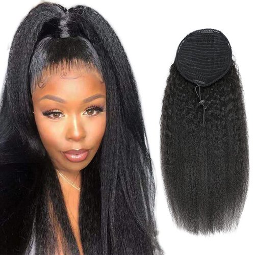 Drawstring Ponytail for Black Women Natural Hair 22Inch Kinky Straight Ponytail Wrap Drawstring Human Hair Extensions 1B Clip in Afro Yaki Hair Pieces 115g/set (22", Kinky Straight)