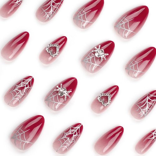 24 Pcs Ombre Red Press on Nails Short Almond - SHANRUN Halloween Fake Nails Press ons Nail Art Tips Glue on Nails Full Cover Acrylic False Nails with 3D Heart Spider Web Charms Design Stick on Nails