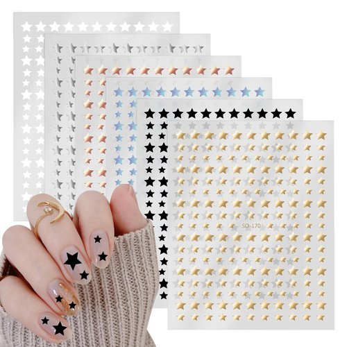 Yuanchu 6 Sheets Star Nail Stickers,3D Self-Adhesive Nail Decals Glitter Shiny Gold Silver White Black Small Stars Nail Art Supplies Manicure Accessories for Women Girls DIY Nail Art Design