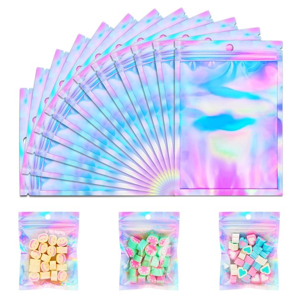 150 Pack Holographic Bags, 4'' x 6‘’ Packaging Bags for Small Business, Resealable Smell Proof Bags, Rainbow Color Resealable Bags, Holographic Zip Bags for Food Storage & Jewelry Packaging
