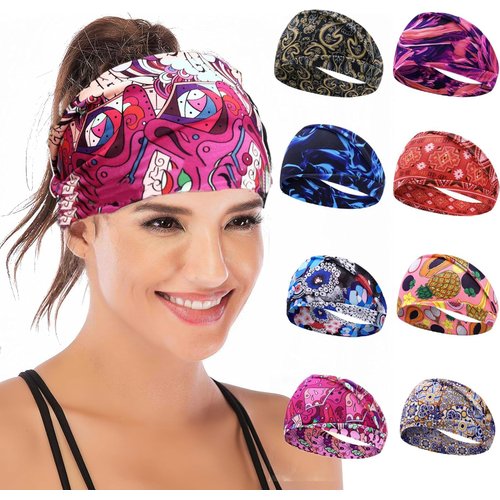 KATOCHUG 8-Pack Boho Wide Elastic Headbands for Women - Non-Slip Workout Hair Bands for Sports, Yoga, Running, and Fitness