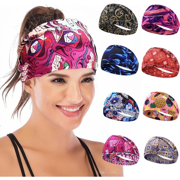 KATOCHUG 8-Pack Boho Wide Elastic Headbands for Women - Non-Slip Workout Hair Bands for Sports, Yoga, Running, and Fitness