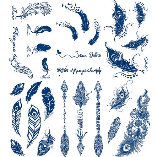 Semi-permanent Temporary Tattoos, 6-Sheet 2 Weeks Long Last Waterproof Feather Tattoos, Plant-Based Ink Tattoos Sticker for Adult Children