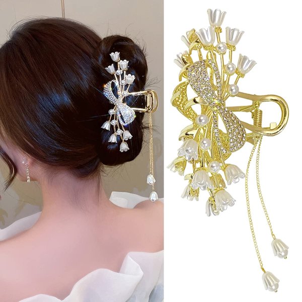 Flower Hair Clips Metal Golden Bow Hair Claws White Flower Bow With Flower Tassels Hair Clips Design Hair Accessories for Thin Hair Thick Hair Long Hair Short Hair Non-slips for Girls Women（Bow）