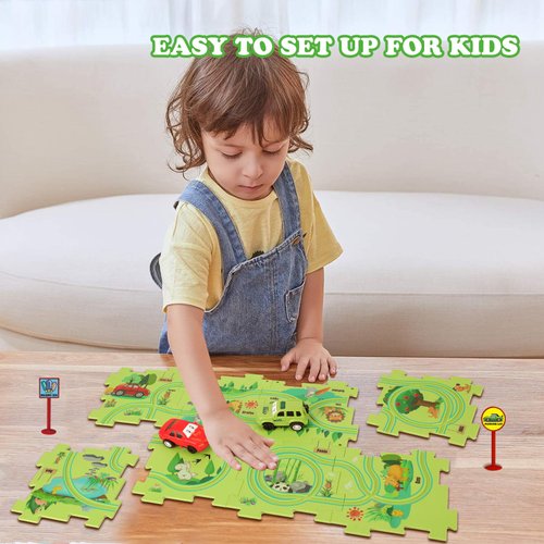 Puzzle Track Car Play Set - DIY Car Tracks Children's Educational Puzzle Board with Electric Vehicle Toy for Toddler Boys Kids Gift (FOREST-16PCS)