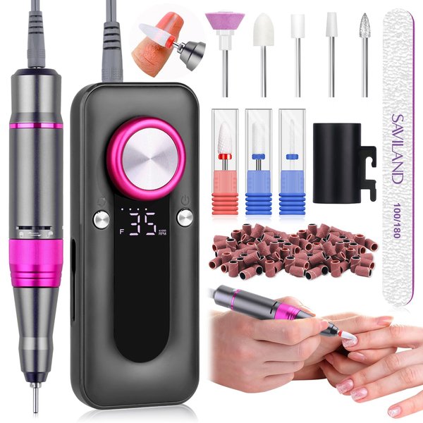 SAVILAND Portable Electric Nail Drill Kit: 35000RPM Rechargeable Electric Nail Drill with Basci 8*Drill Bits 50*Sanding Bands Nail Tool for Beginners Nail Art Removal Nail Care for Manicure & Pedicure