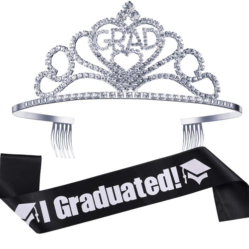 2024 Party Supplies Kit - Glittered Metal Graduation Tiara, Sash Present for Decorations and Favors
