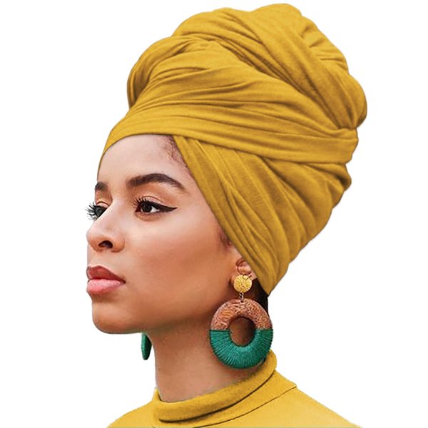 1 Piece Head Wraps Stretch Jersey Long Turban Ultra Soft Knit Hair Scarfs African Fashion Headband Tie Breathable Headbands Shawls for Women (Turmeric)