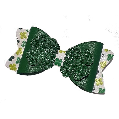 Green St. Patricks Day Glitter Green Shamrocks Hair Bow Barrette - Faux Leather - 4 1/2 inches long