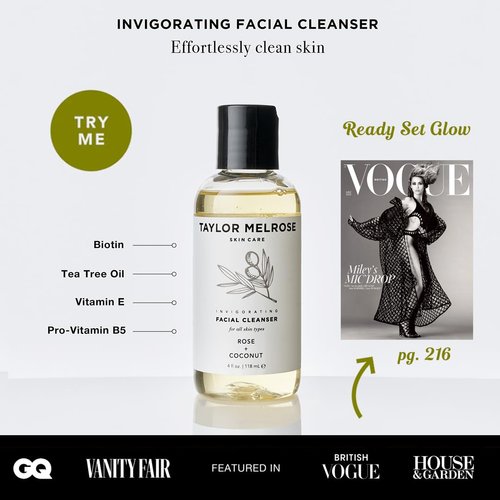 Taylor Melrose Rose + Coconut Invigorating Facial Cleanser 4 fl oz- Cruelty-Free, Vitamin E, Pro-Vitamin B5, Biotin, Tea Tree Oil, Peppermint, Caffeine, Vegan, For All Skin Types