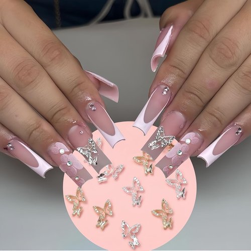 20Pcs Alloy Butterfly Nail Charms 3D Metal Shiny Crystal Butterfly Nail Charms for Acrylic Nails, Gold Silver Butterfly Nail Rhinestones Butterflies Shape Nail Jewelry for DIY Acrylic Nail Decorations