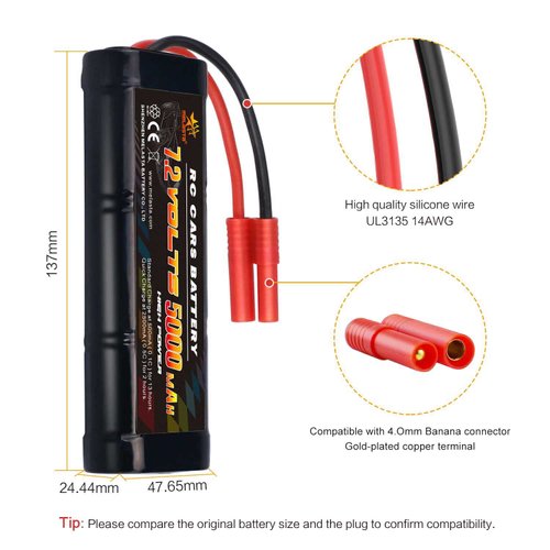 melasta 7.2V 5000mAh NiMH RC Battery Pack Compatible with Banana Connector for Redcat Racing Vehicles