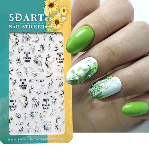 5D White Flower Nail Stickers, Summer Nail Decals Self Adhesive Leaf Nail Stickers for Nail Art Green Leaves Nail Art Suppliers Embossed Lily Nail Decoration Floral Nail Accessories Blossom Nail Art