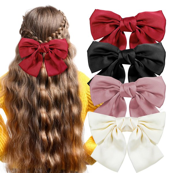 Tyqour 4pcs Satin Hair Bow Hair Ribbons for Girls Cute Bow Clips for Women Ribbon Bows for Hair French Style Hair Accessories Gifts