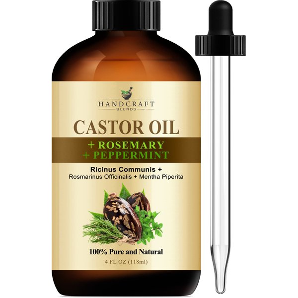 Handcraft Blends Castor Oil with Rosemary and Peppermint Oil in Glass Bottle - 4 Fl Oz - 100% Pure and Natural - Hair Relaxer for Tight Curls - Premium Grade Oil for Hair Growth, Eyelashes, Eyebrows
