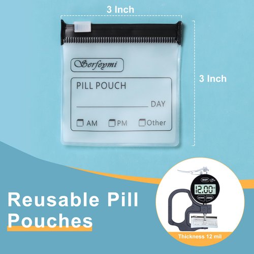 Serfeymi 48 Pcs Zippered Pill Pouches Organizer Plastic Bags 3 X 3 Inches 12 mil Self Sealing with Slide Lock Writable Label Translucent Travel Medicine Storage Bag Case and 1 Pc Marker-Black+White