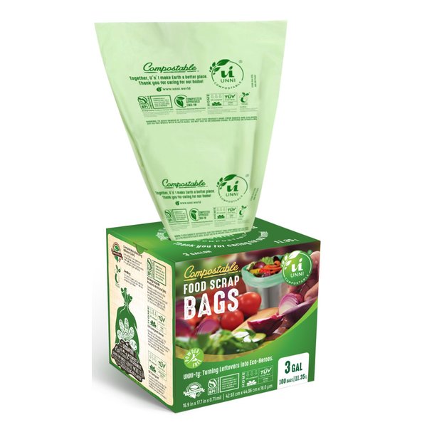 UNNI Compostable Liner Bags, 3 Gallon, 11.35 Liter, 100 Count, Extra Thick 0.71 Mil, Small Kitchen Food Scrap Waste Bags, ASTM D6400, US BPI, CMA and Europe OK Compost Home Certified, San Francisco