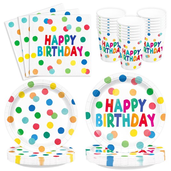 120pcs Happy Birthday Party Plates and Napkins Polka Dots Birthday Party Supplies Colorful Dots Paper Cup Party Supplies for Girls Boys Birthday Party Supplies Serve 30 Guests