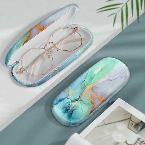 Fintie Hard Shell Eyeglasses Case, Portable Protective Glasses Cover Eyeglass Holder Box with Cleaning Cloth for Men Women, Emerald Marble