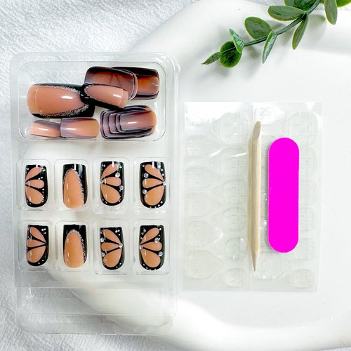 Black Press on Nails Short Square Fake Nails French Tip False Nails with Butterfly Design Glue on Nails Full Cover Acrylic Artificial Nails Rhinestone Glossy Stick on Nails for Women Nails Decorations