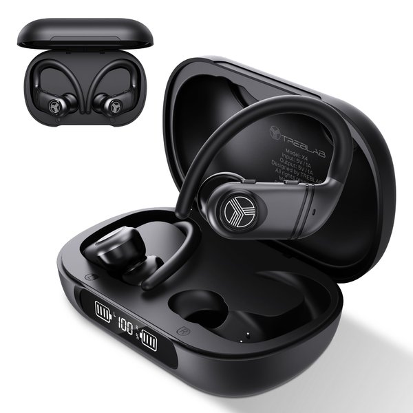 TREBLAB X4 Wireless Earbuds with Earhooks – 253H Battery, ENC Mic, Bluetooth 5.4, USB-C Charging Case, IPX5 Waterproof, Noise Isolating, for Running, Calls, Workouts – Bluetooth Over Ear Earbuds
