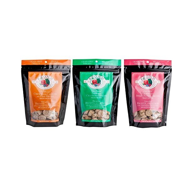 Fromm Four-Star Nutritionals Oven-Baked Grain-Free Dog Treats 3 Flavor Variety Bundle: (1) Fromm Chicken With Carrots And Peas Recipe Grain-Free Dog Treats, (1) Fromm Lamb With Cranberry Recipe