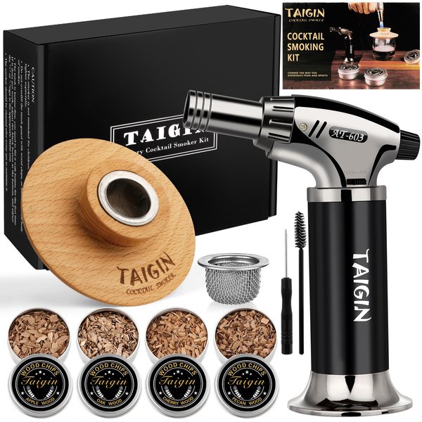 Cocktail Smoker Kit with Torch, Four Kinds of Wood Chips for Whiskey and Bourbon. Infuse Cocktails, Wine, Whiskey, Cheese, Salad and Meats. for Your Friends, Husband, Dad.（No Butane）