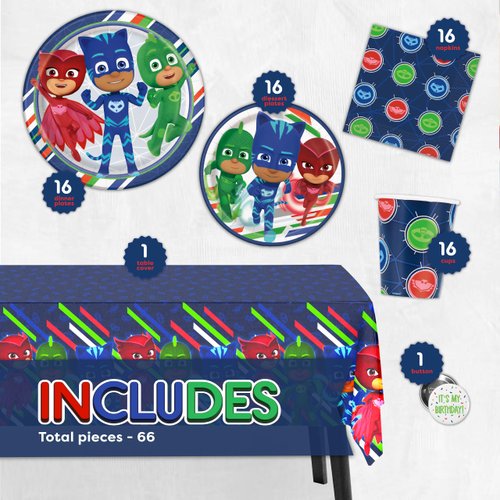 PJ Masks Birthday Party Supplies Set | PJ Mask Birthday Decorations | PJ Masks Party Supplies | For 16 Guests | For Boys and Girls | With Table Cover, Plates, Cups, Napkins and Button