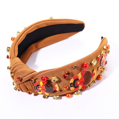 NVENF Thanksgiving Headband for Women Beaded Turkey Fall Headband Accessories Jeweled Pearl Rhinestone Knotted Headband Autumn Fall Thanksgiving Hair Accessory Outfits Holiday Gifts (Turkey 5)