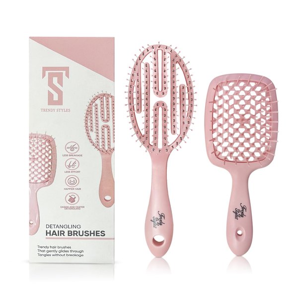 TRENDY STYLES 2PCs Wet Brushes Detangling Brushes Set For Curly Straight Black Natural Women Men Kids Dry & Wet Hair, Pink