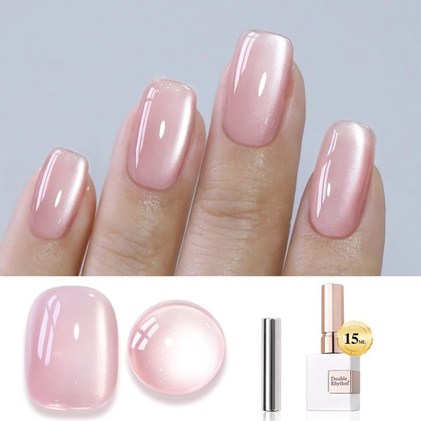 Double Rhythm Jelly Glass Cat Eye Gel Polish with Magnet 15ML Holographic Glitter Shimmer Translucent Sheer Color Magnetic Nail Polish Salon DIY at Home (Jelly Pink Nude-MC1104)